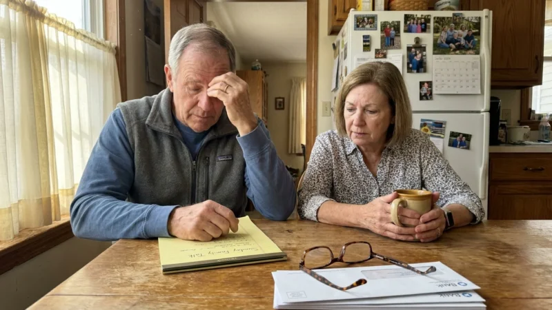 A retiree couple sitting at their kitchen table in morning light, looking stressed while preparing for a family meeting about their future.
