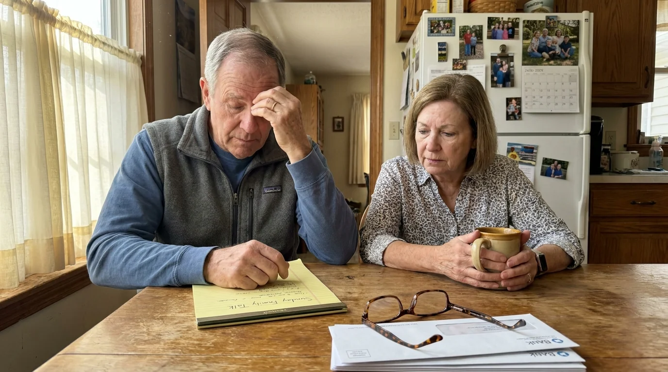 A retiree couple sitting at their kitchen table in morning light, looking stressed while preparing for a family meeting about their future.