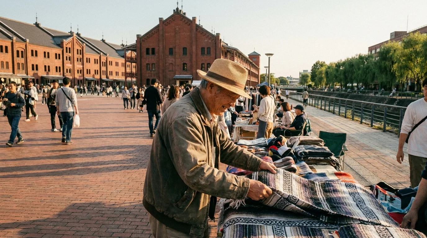 A retiree exploring an art market in Oklahoma City's Bricktown district near the canal.