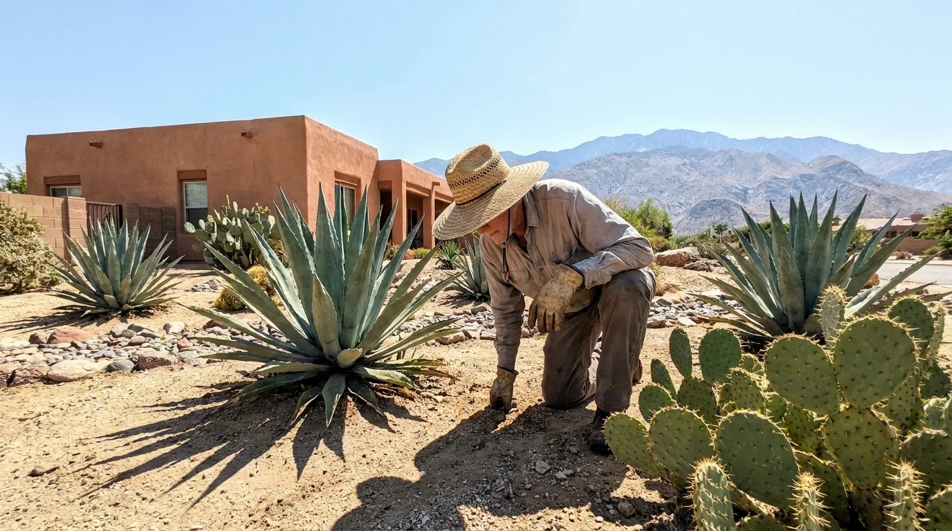 A retiree gardens in front of a desert home in Green Valley, Arizona, with mountains in the background.