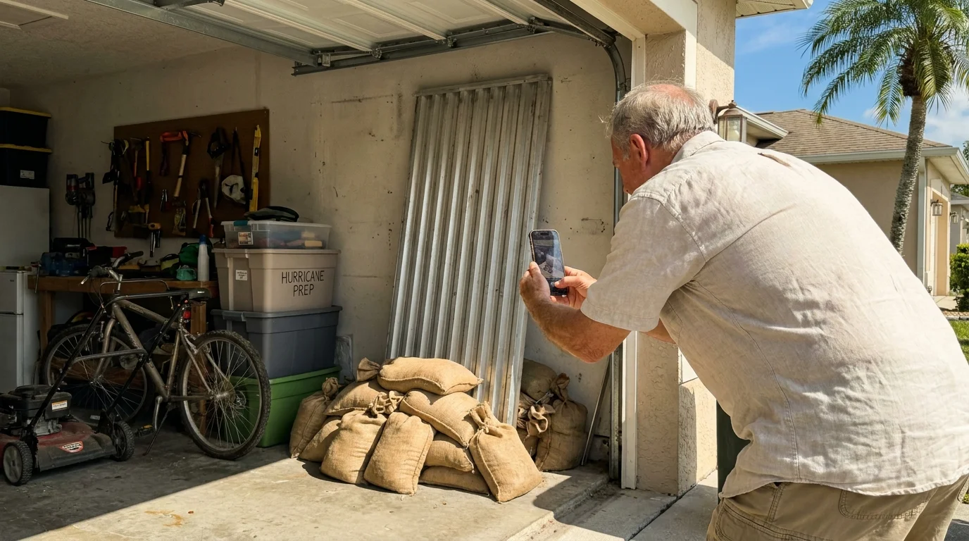 A retiree in a Naples garage taking a photo of his hurricane shutters and sandbags with a smartphone.