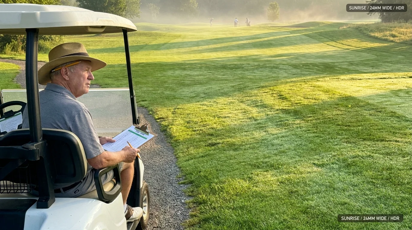 A retiree in a straw hat sits in a golf cart at sunrise, checking a tee-time clipboard on a green fairway.