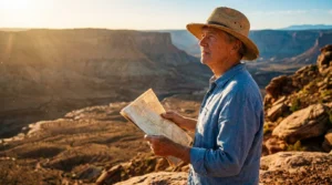 A retiree in a sun hat looking out over a vast canyon at sunset, symbolizing the freedom of travel in retirement.