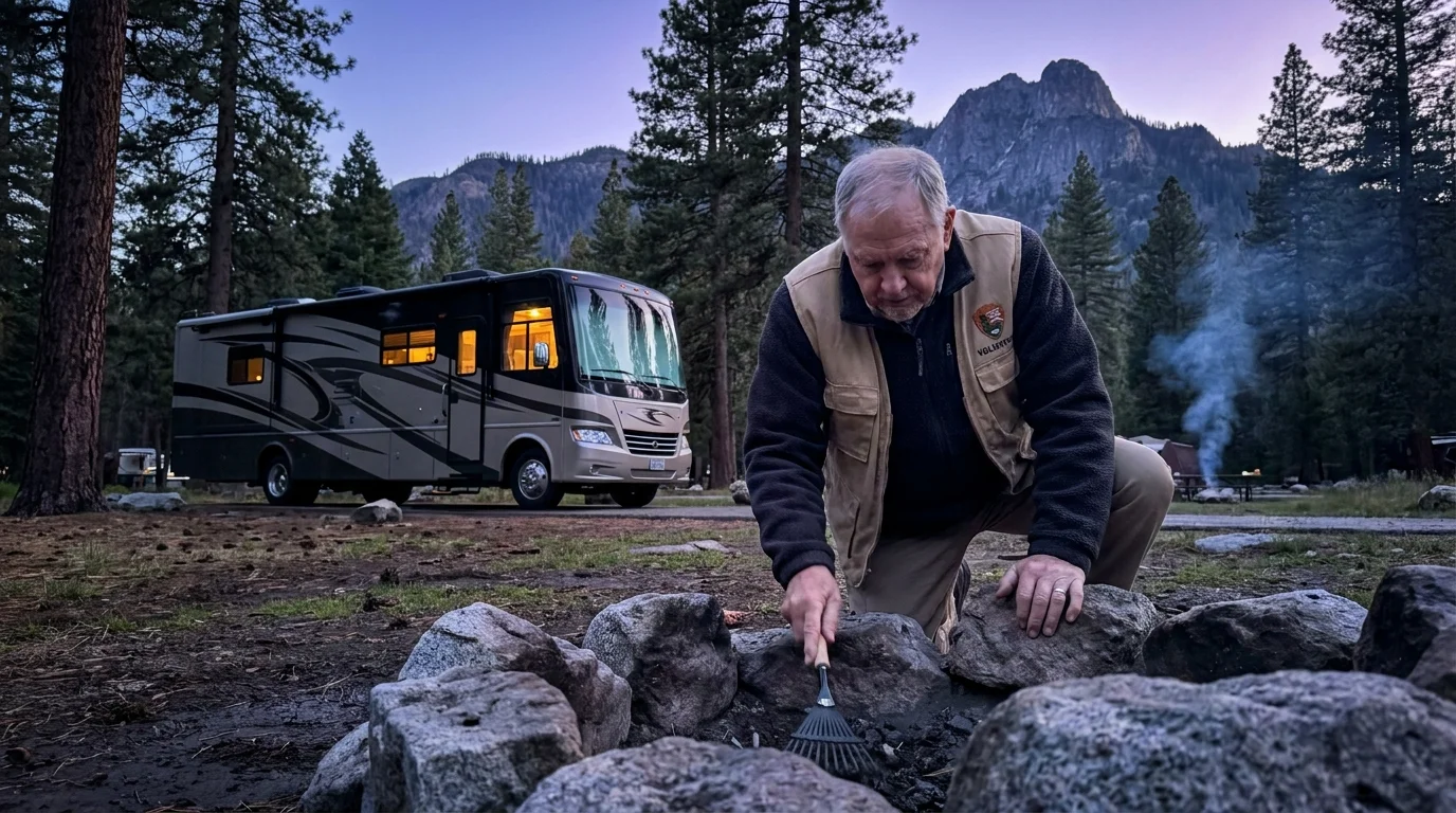 A retiree in a volunteer vest tidies a campfire pit at a national park at dusk with their RV parked in the background.