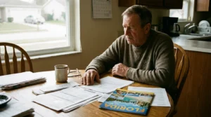 A retiree looks over financial documents at his kitchen table, weighing the costs of moving to a new state.