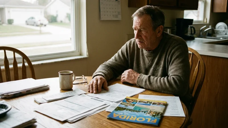 A retiree looks over financial documents at his kitchen table, weighing the costs of moving to a new state.