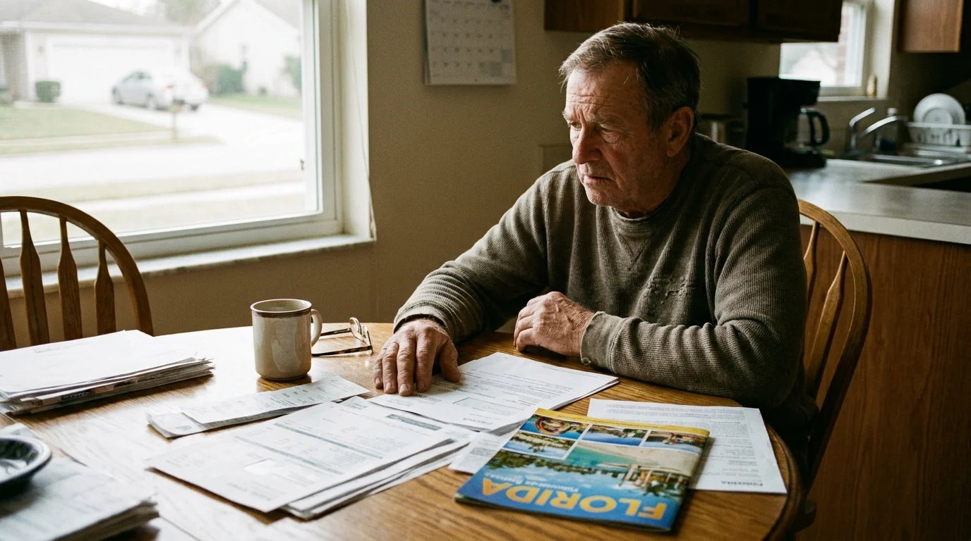 A retiree looks over financial documents at his kitchen table, weighing the costs of moving to a new state.