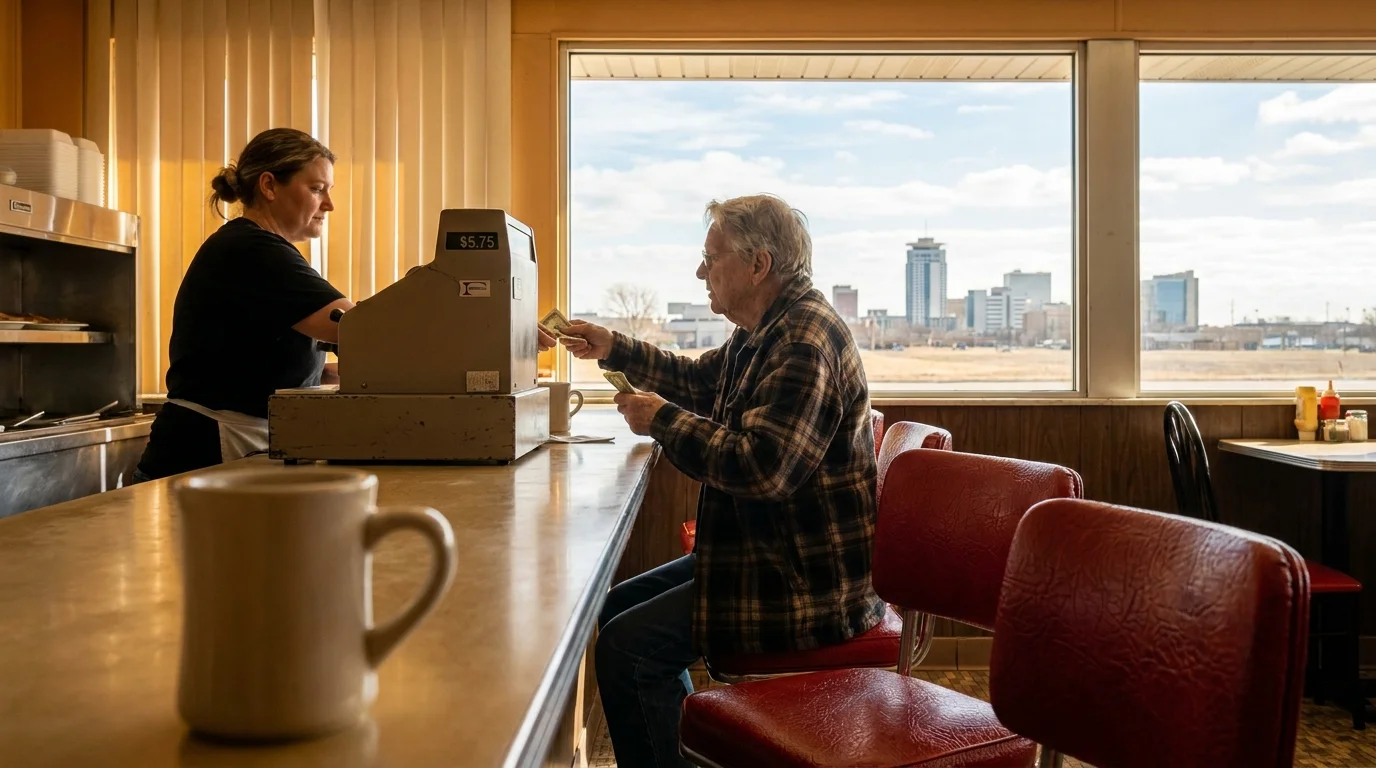 A retiree paying a small bill at a diner in Wichita, Kansas, with the city skyline visible through the window.