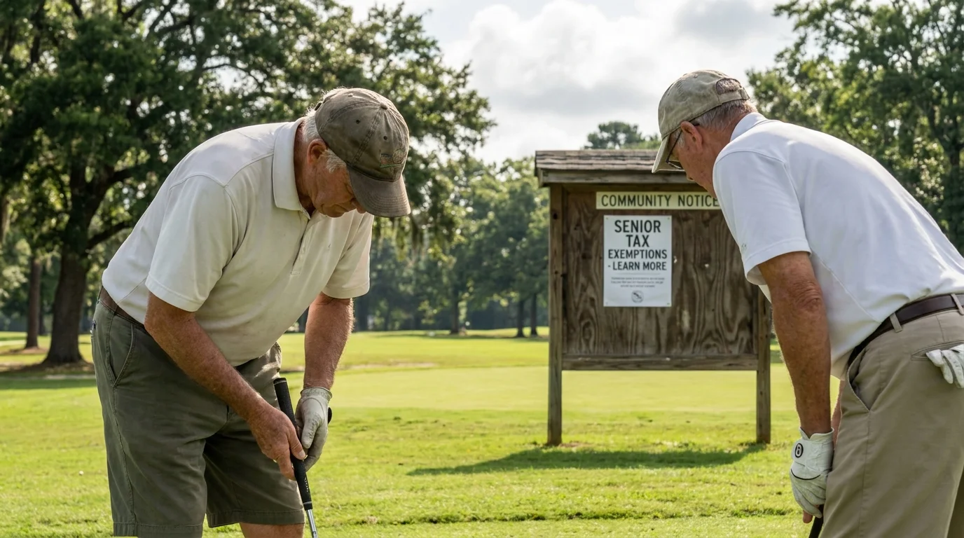A retiree practicing golf on a green in Augusta, Georgia, with a community sign in the background.