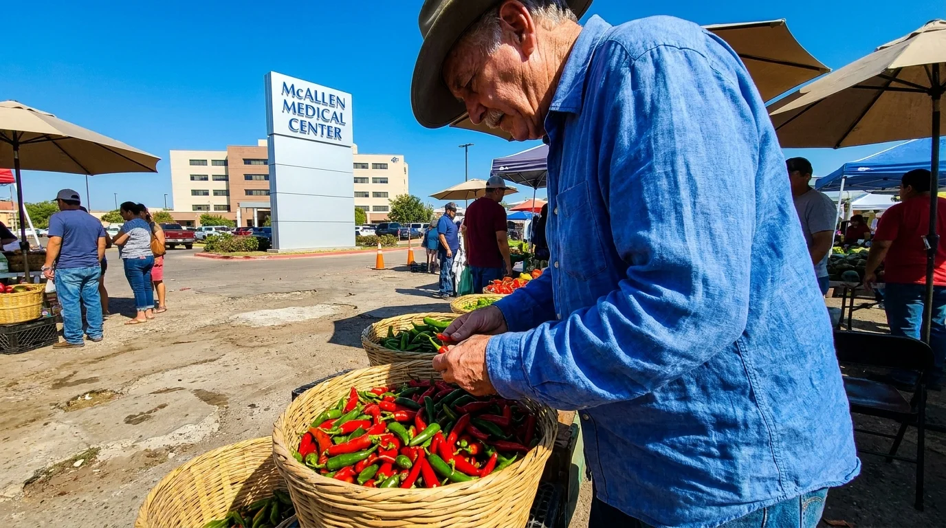 A retiree shopping at a sunny outdoor market in McAllen, Texas, with a medical center sign visible in the distance.