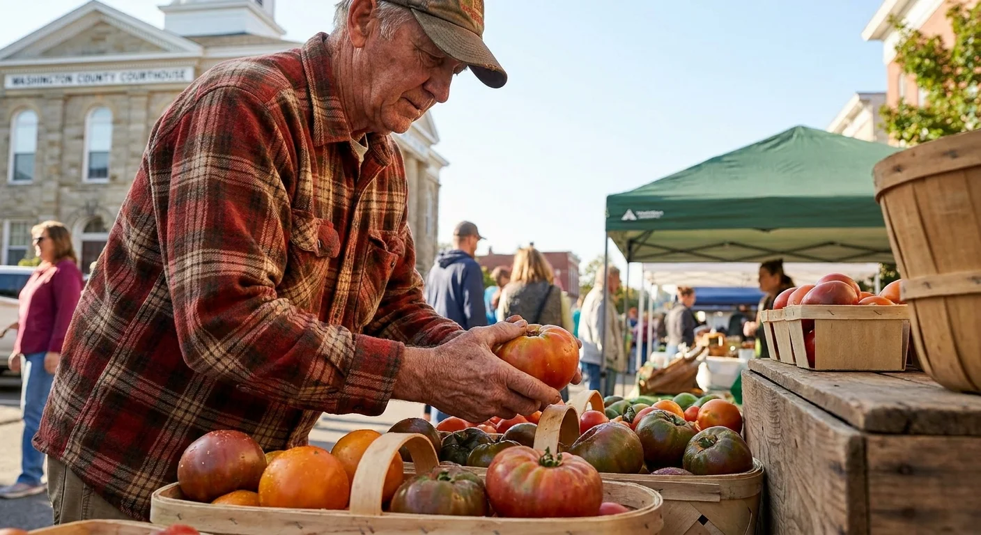A retiree shops for produce at the Fayetteville Farmers Market with historic architecture in the background.
