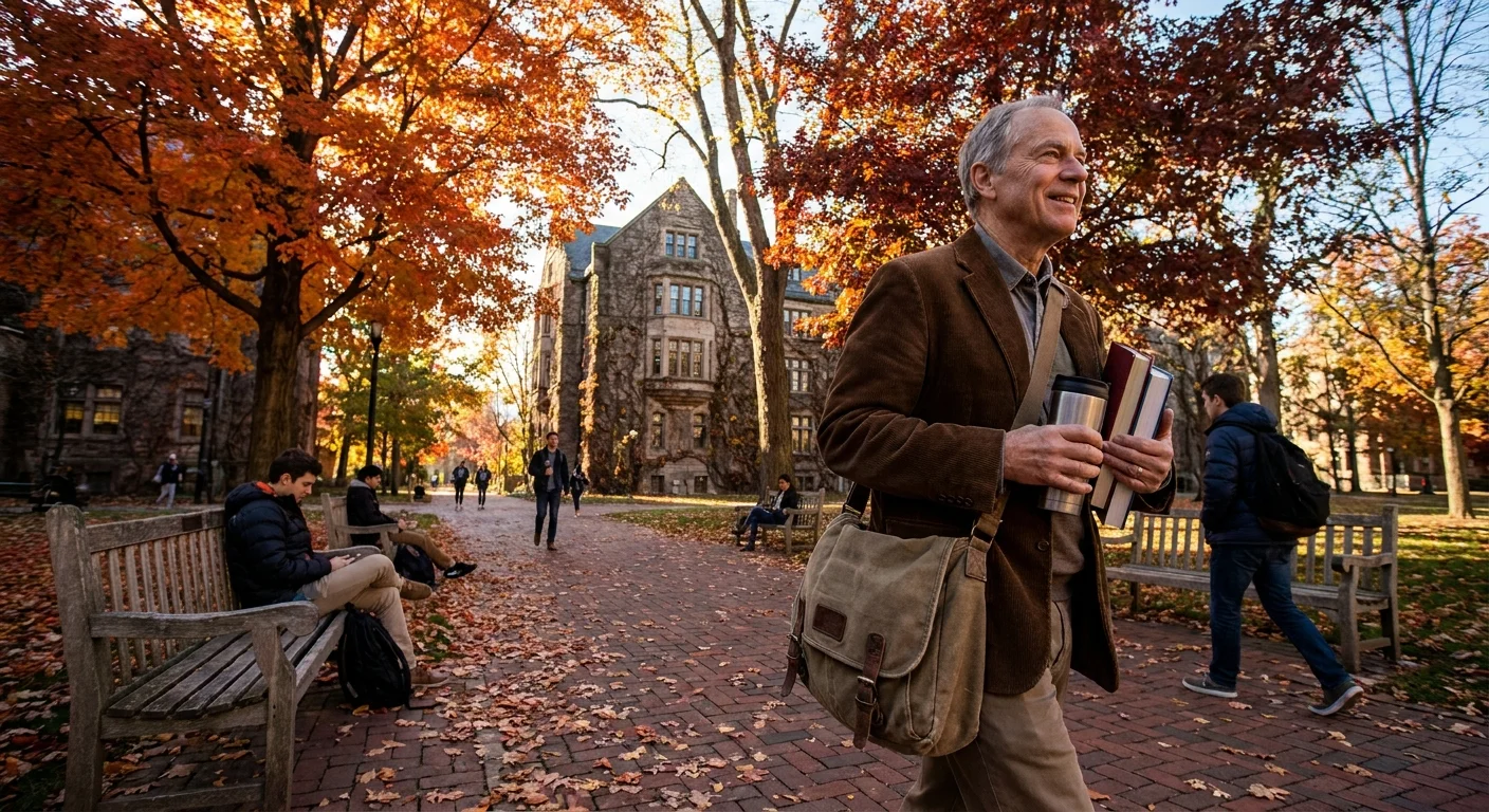 A retiree walking through a beautiful, ivy-covered college campus with books and a coffee mug in autumn.