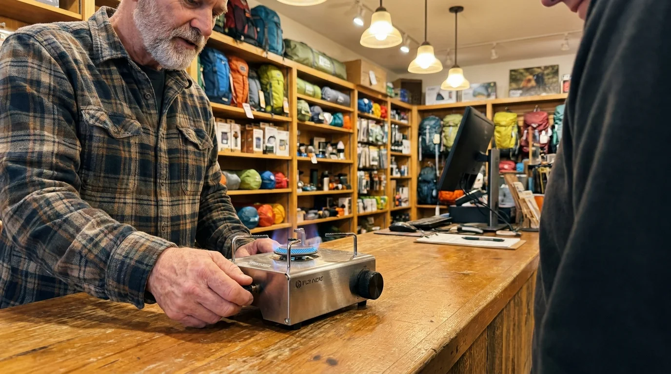 A retiree working in a specialty shop shows a customer a piece of high-end camping equipment over a wooden counter.
