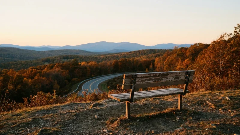 A scenic mountain overlook at sunset with a wooden bench in the foreground and a valley of autumn trees below.