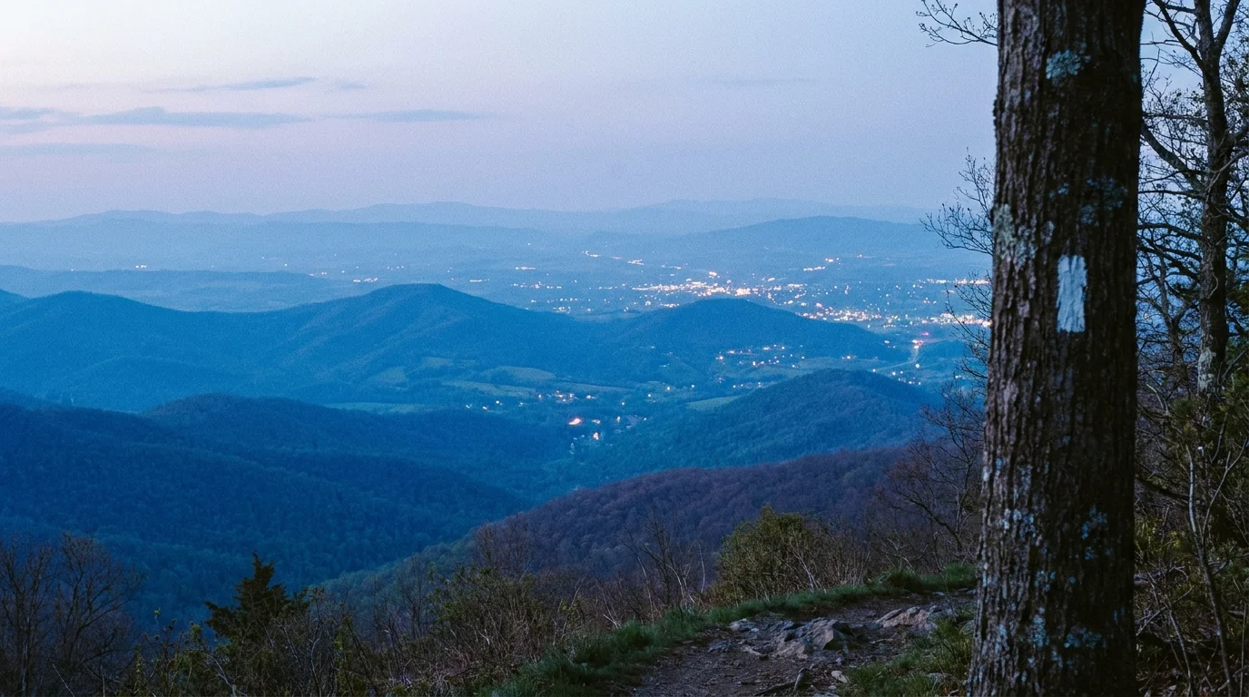 A scenic view from the Blue Ridge Mountains looking down toward Waynesboro, Virginia, at twilight.