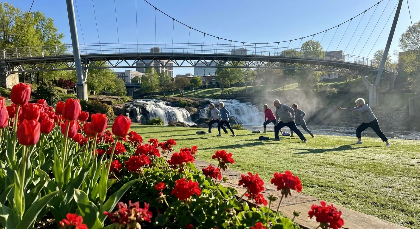 A scenic view of the Liberty Bridge in Greenville, South Carolina, with retirees exercising in the park below.