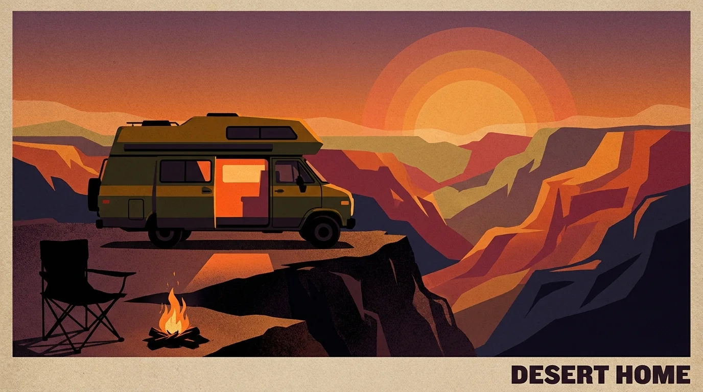 A screenprint-style illustration of a camper van parked at a scenic canyon overlook during a vibrant sunset.