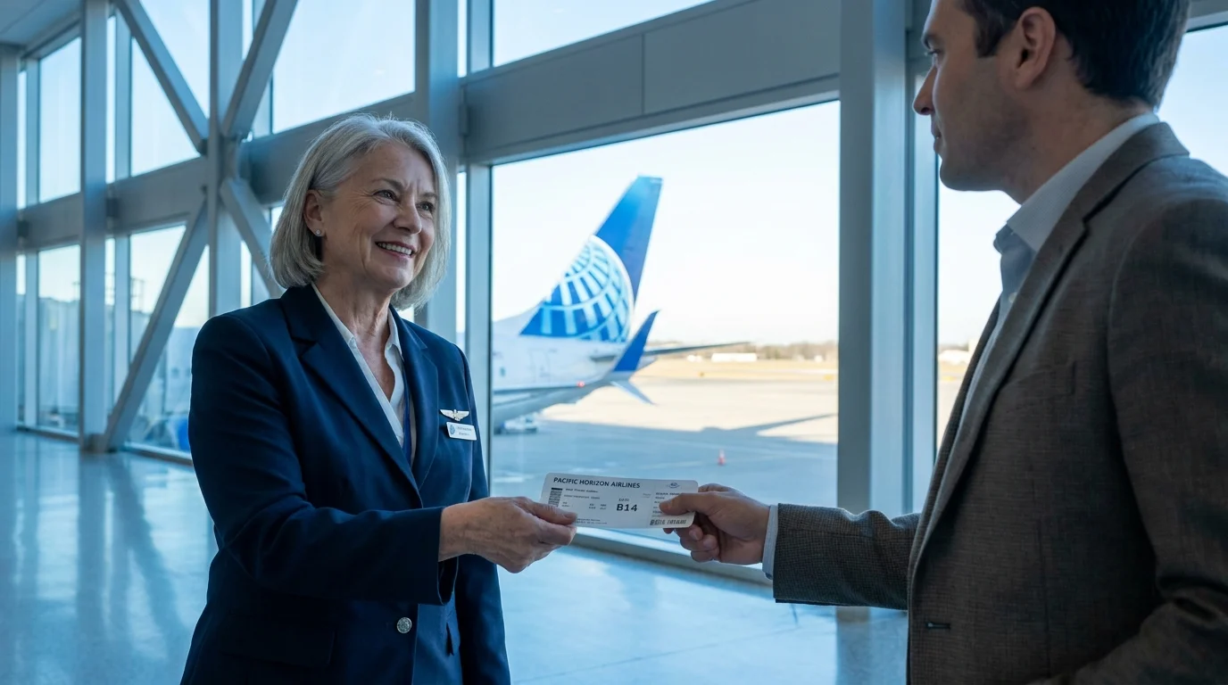 A senior airline employee in uniform assisting a traveler at an airport gate.