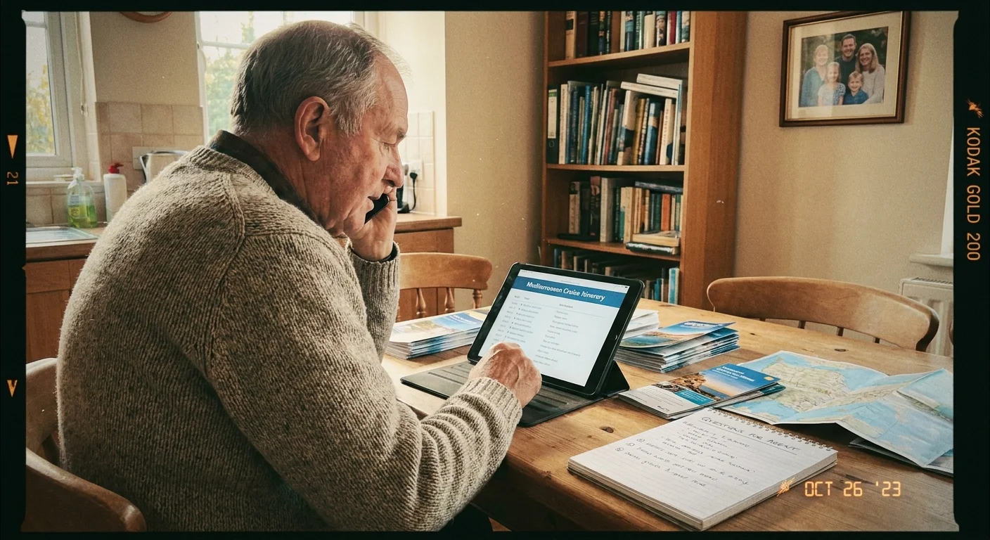 A senior man at a kitchen table surrounded by travel documents, talking on the phone.