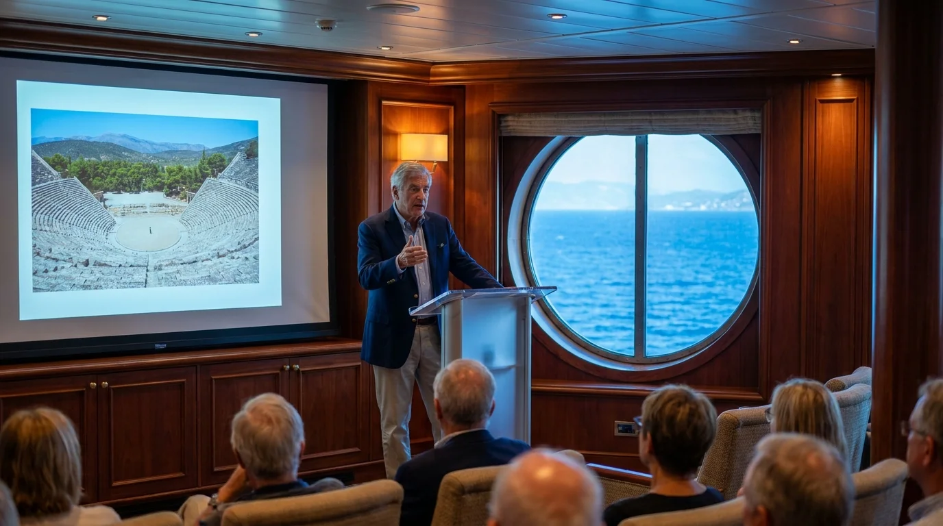 A senior man giving a presentation about history on a cruise ship with the ocean visible through a window.