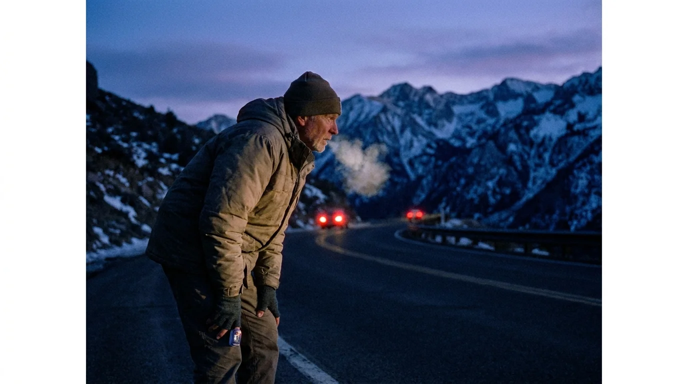 A senior pauses to catch their breath on a steep mountain driveway, highlighting the physical toll of high altitudes.
