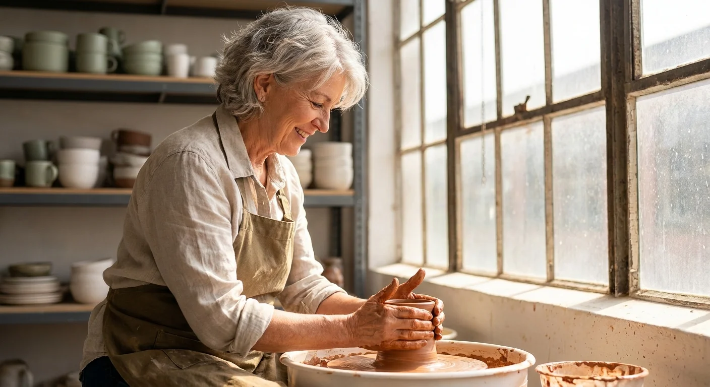 A senior woman with silver hair working on a pottery wheel in a sunlit studio, representing an active and creative retirement job.