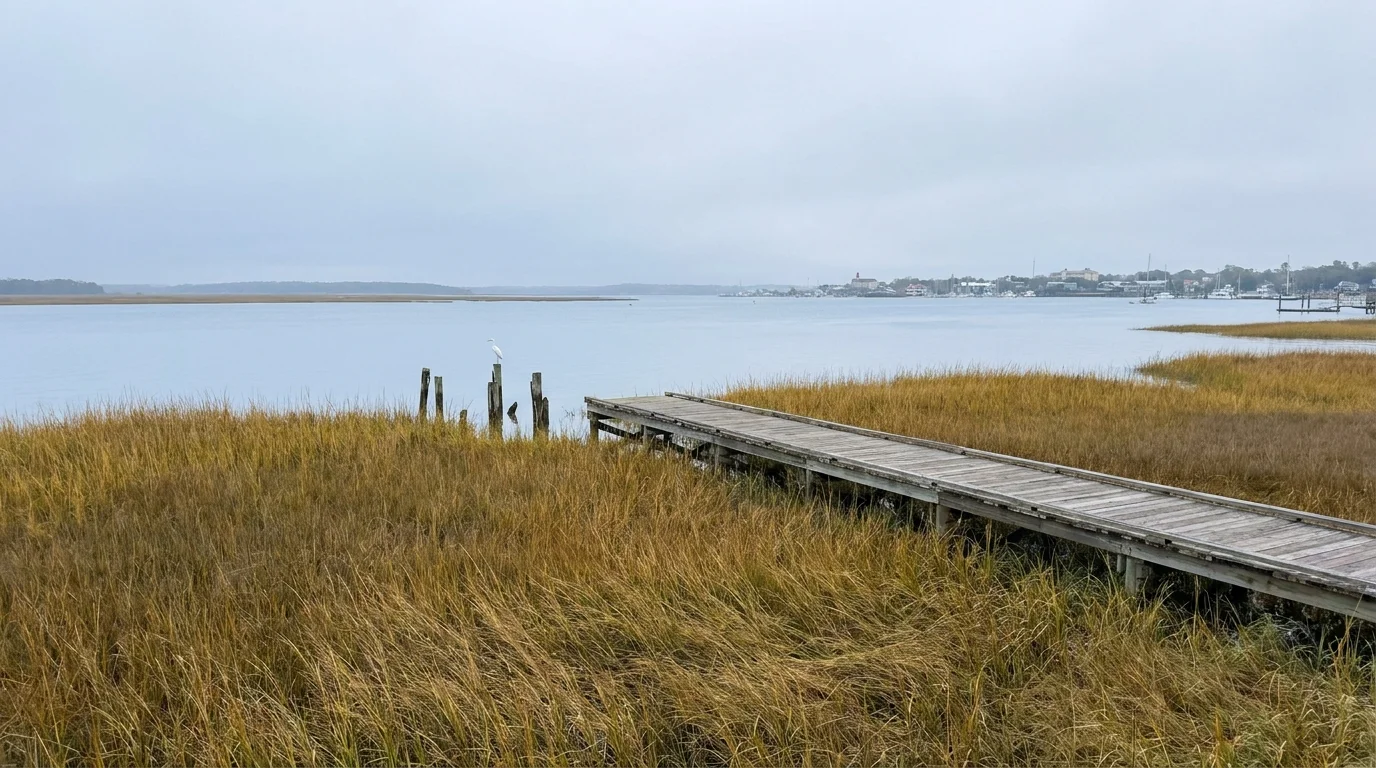 A serene Lowcountry marsh landscape in Beaufort, South Carolina, with a boardwalk and a white egret.
