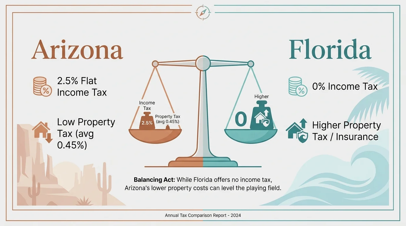 A side-by-side comparison chart of the tax benefits and costs in Arizona versus Florida.