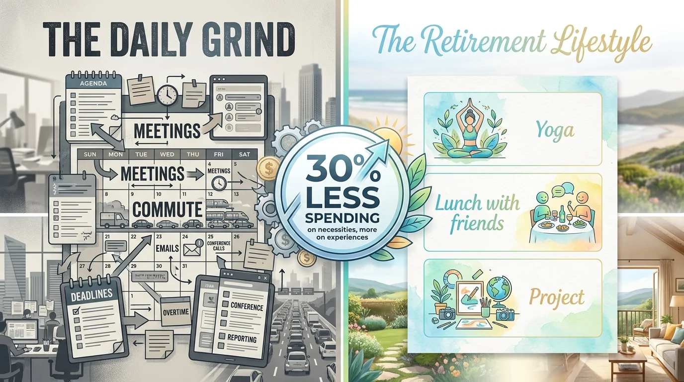 A side-by-side comparison of a cluttered work schedule versus a simplified, hobby-focused retirement schedule.
