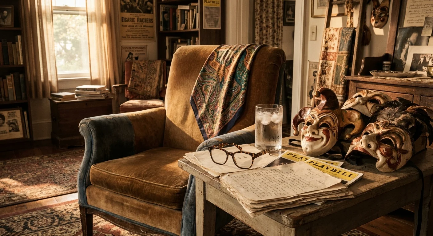 A silk scarf and theatrical masks on a table, reflecting a life in comedy and film.