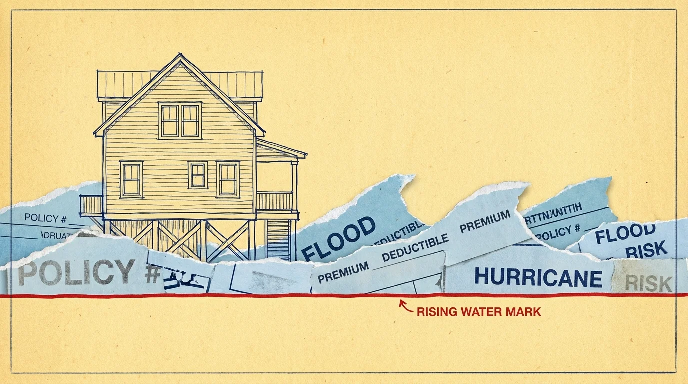 A sketch of a house on stilts being overtaken by waves made of insurance documents and flood policies.