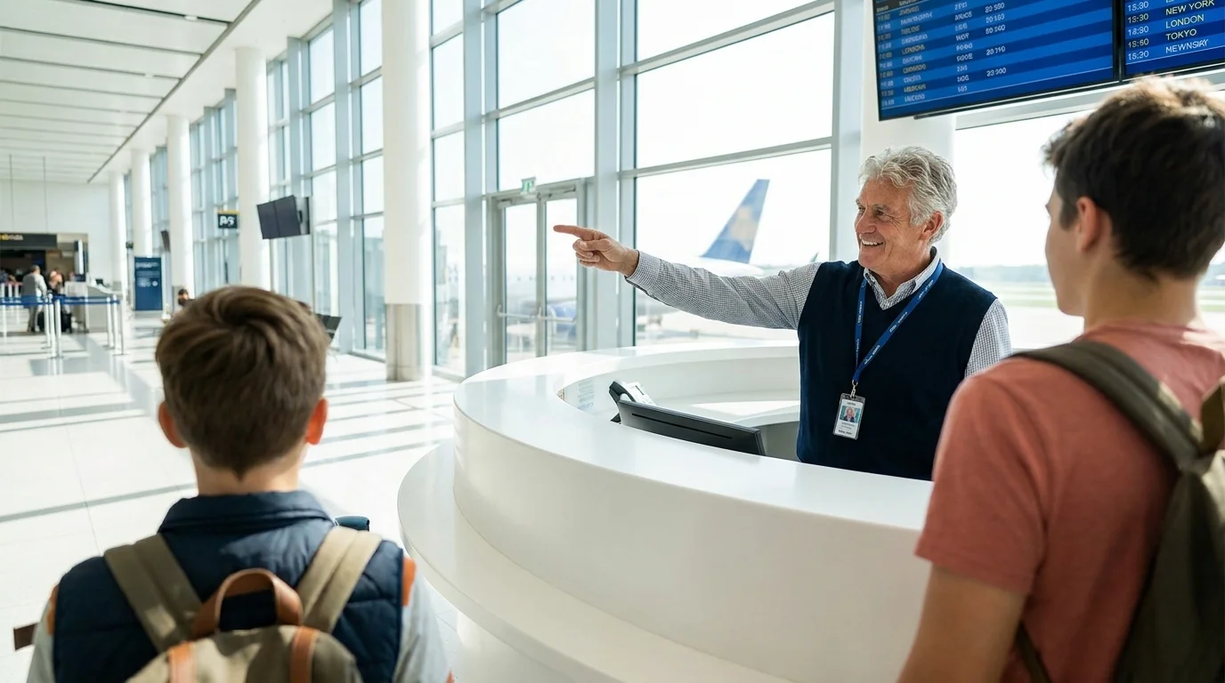 A smiling retiree working as an airline agent helps a traveler in a bright airport terminal with planes visible outside.