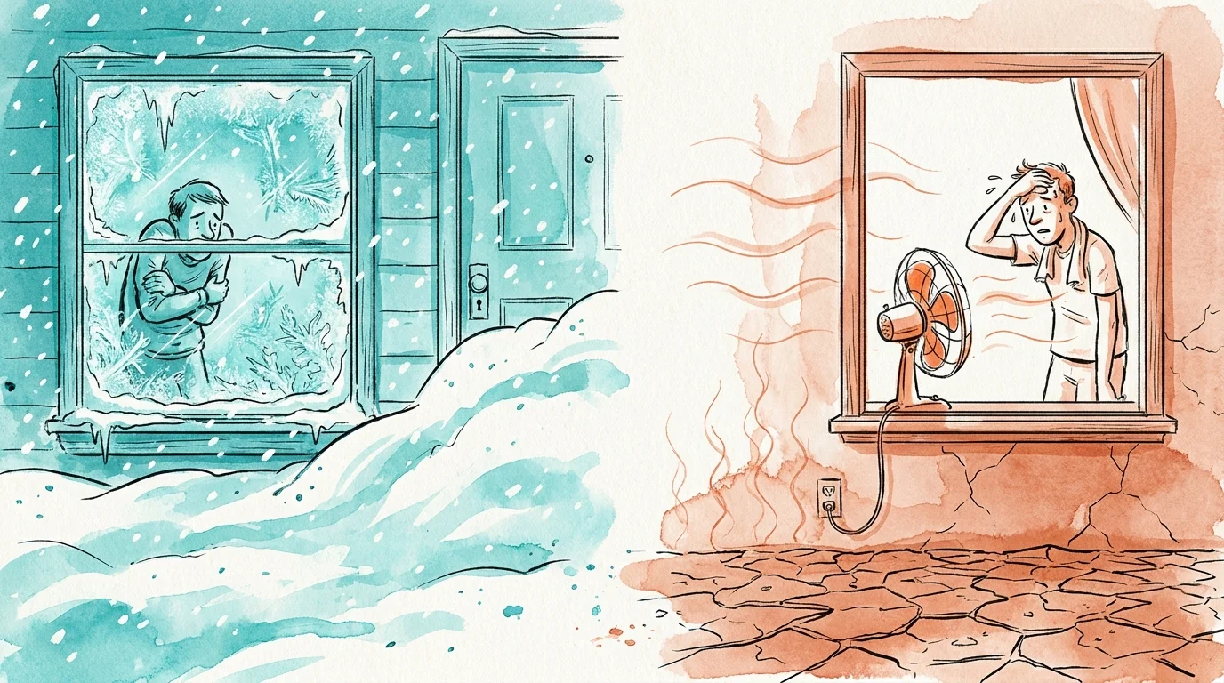 A split illustration showing a person stuck indoors during a blizzard and during a heatwave.