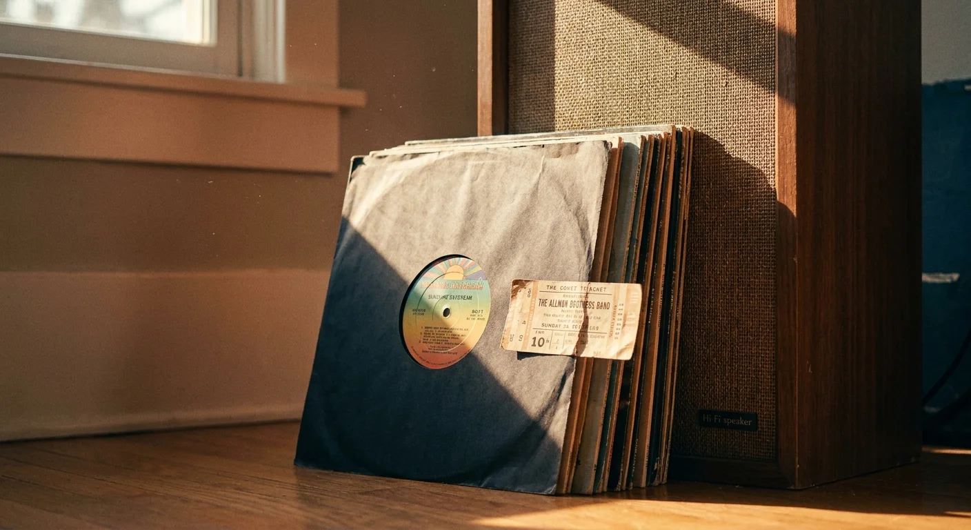 A stack of vintage vinyl records and a concert ticket stub leaning against a speaker.