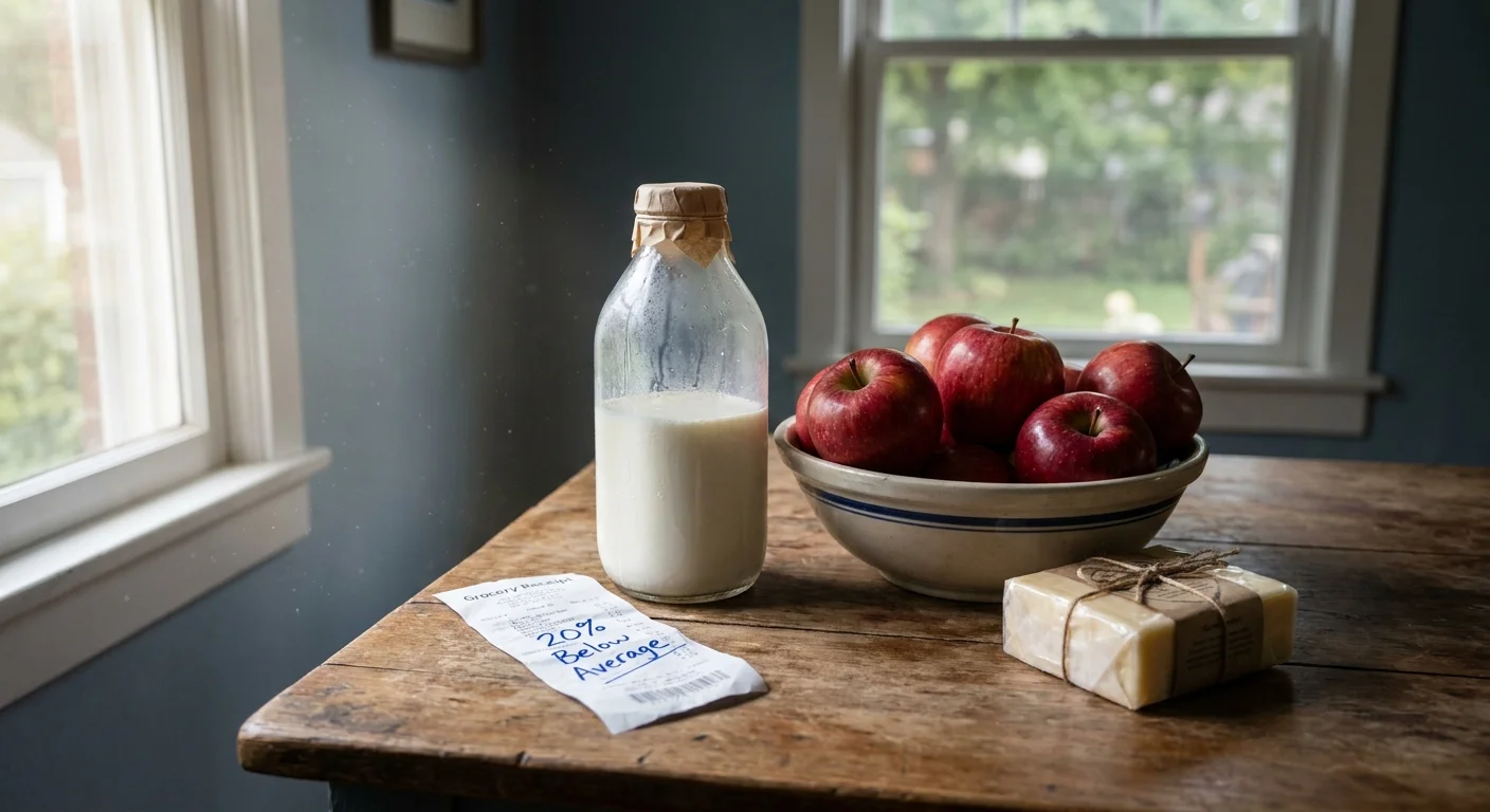 A still life of fresh milk and apples on a wooden table in Kalamazoo, representing local agricultural access.