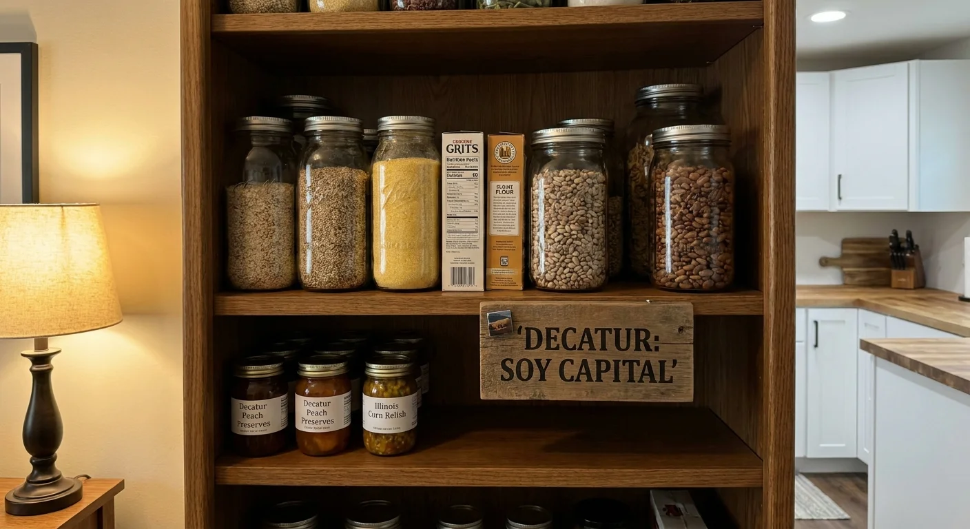 A stocked kitchen pantry in Decatur, Illinois, featuring local grain and corn products.