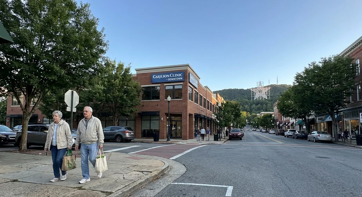A street scene in Roanoke, Virginia, showing a walkable downtown area with mountains and a healthcare building in the background.