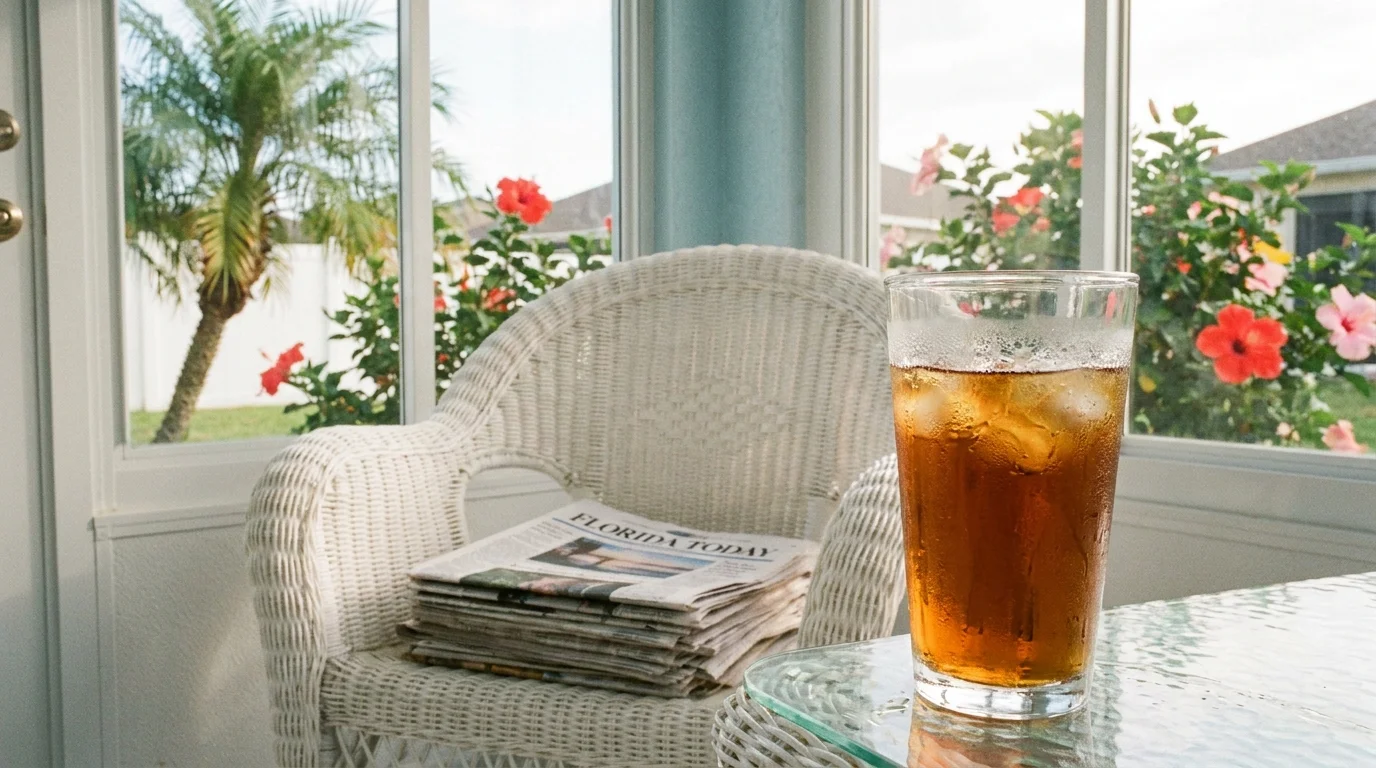 A sun-drenched Florida sunroom with a glass of iced tea and a view of tropical plants through the window.