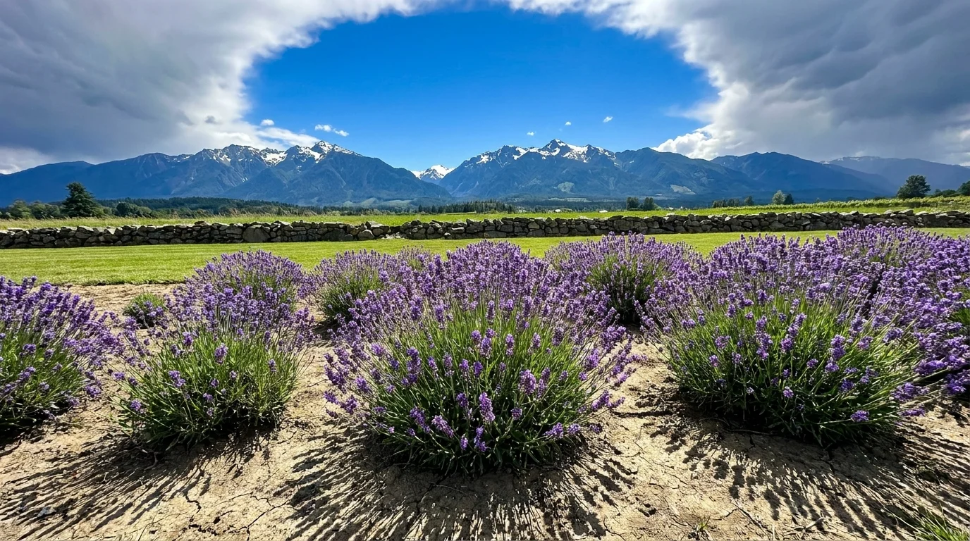 A sunny lavender field in Sequim, Washington, with the snow-capped Olympic Mountains under a clear blue sky.
