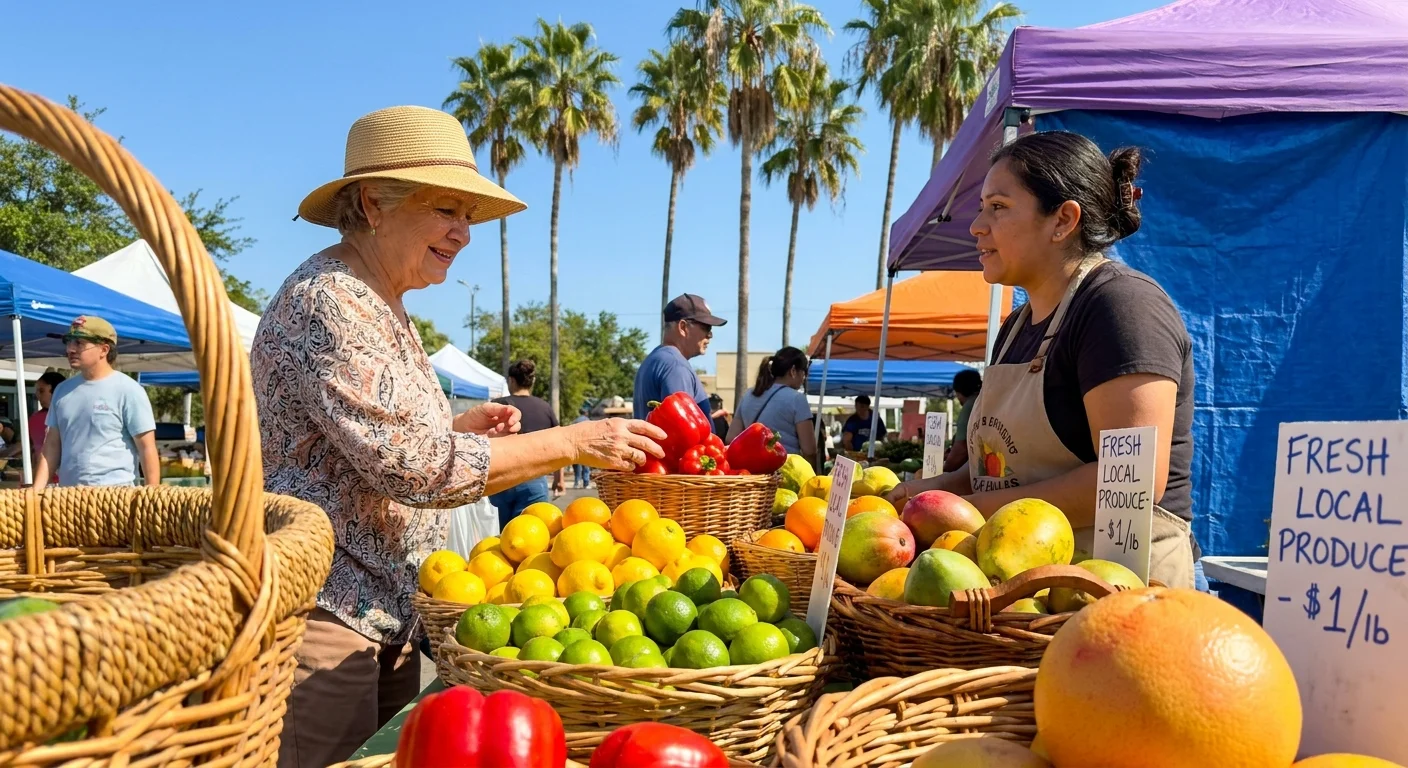 A sunny outdoor farmers market in Brownsville, Texas, featuring palm trees and colorful tropical produce.