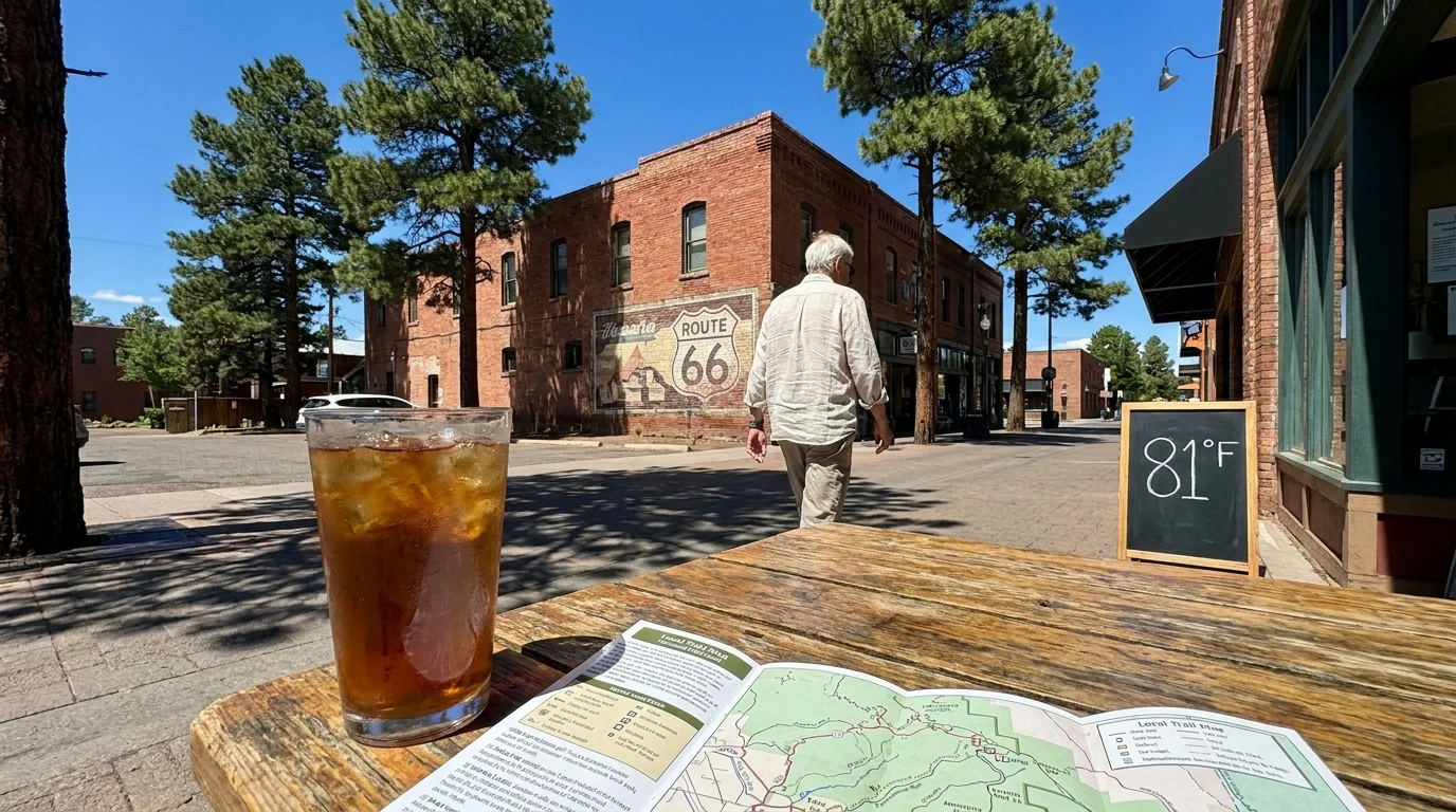 A sunny street scene in Flagstaff, Arizona, featuring red brick buildings, Ponderosa pines, and a sign indicating a pleasant 81 degrees.