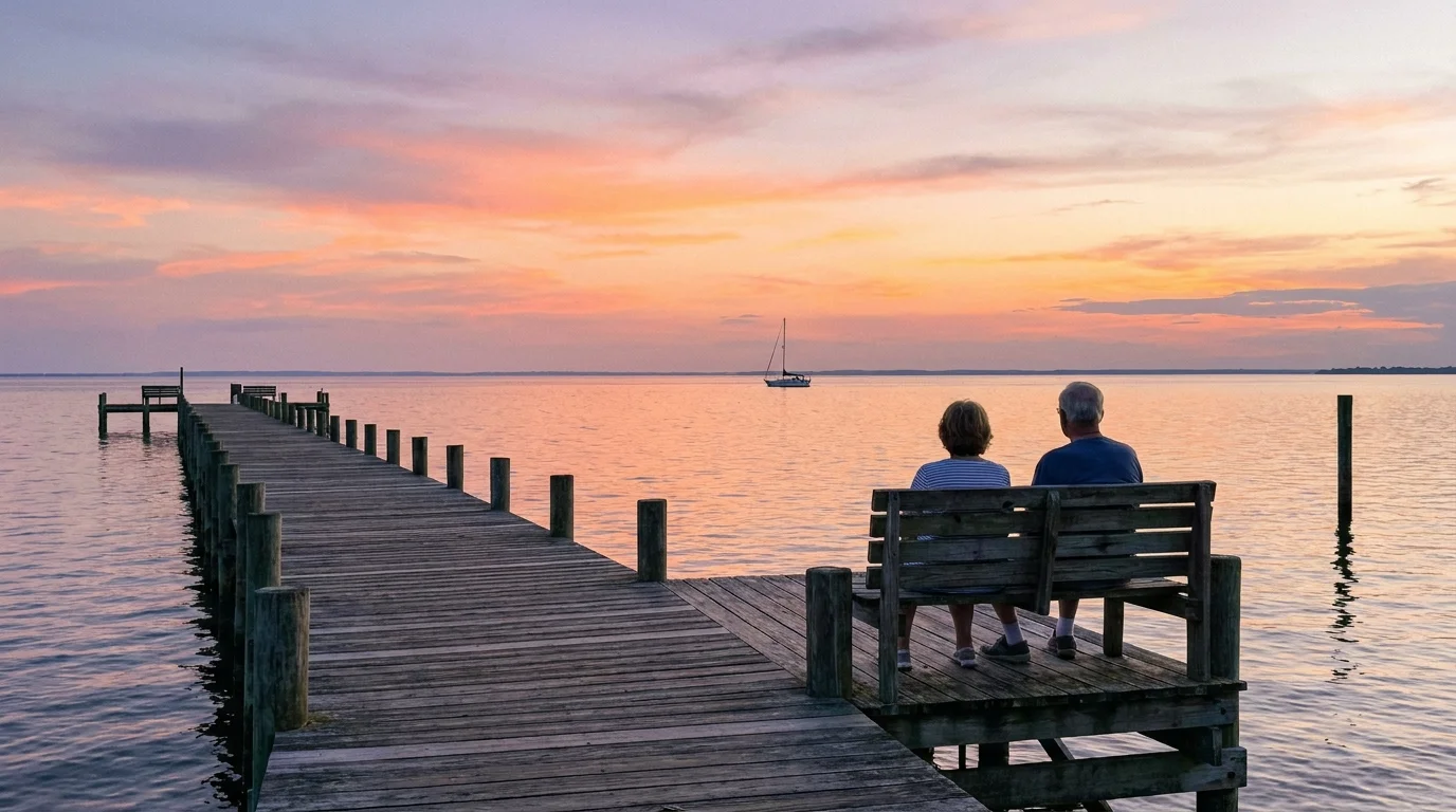 A sunset view of the Fairhope Pier in Alabama with a couple sitting on a bench overlooking Mobile Bay.