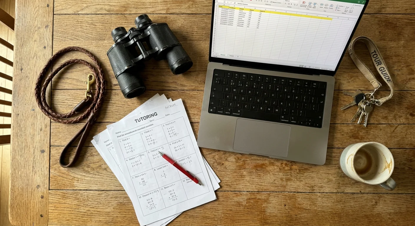 A top-down view of a wooden table with objects like a dog leash, binoculars, and a laptop, symbolizing various part-time retirement jobs.