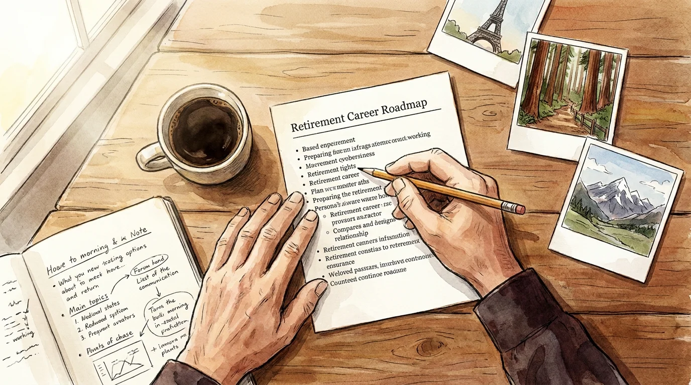A top-down watercolor illustration of a planning session with a roadmap and travel photos.