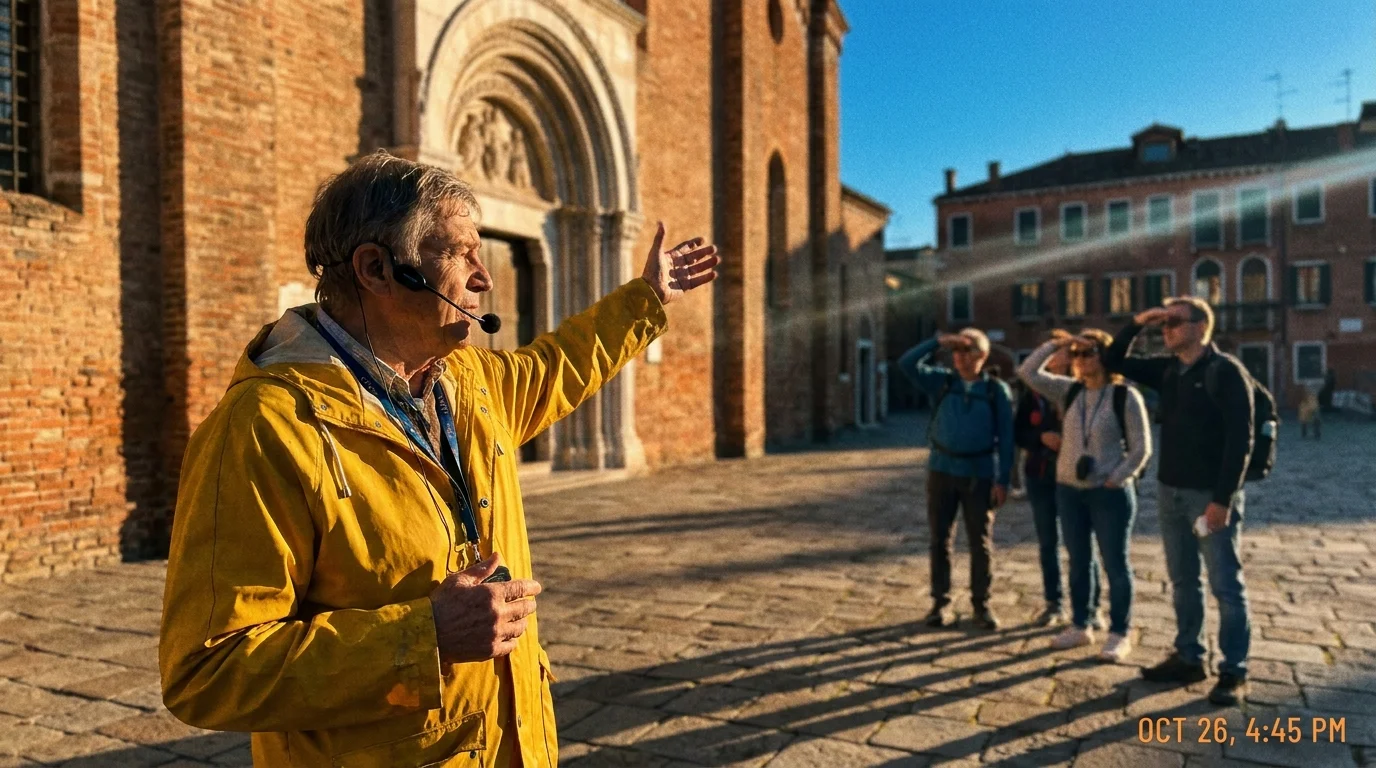 A tour guide gesturing toward a historic building in a sunny city square while leading a group.