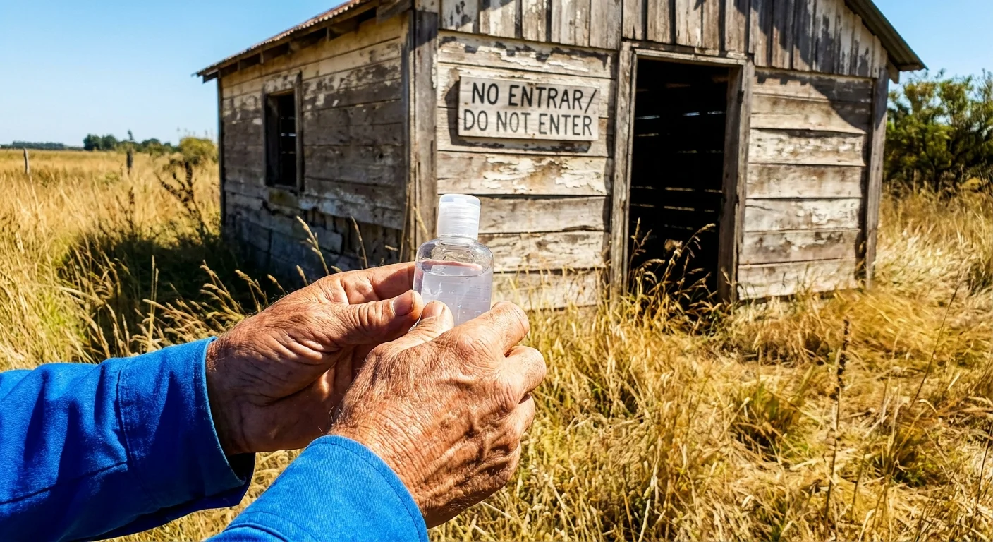 A traveler holding hand sanitizer in front of a rustic, abandoned shed during a rural excursion.