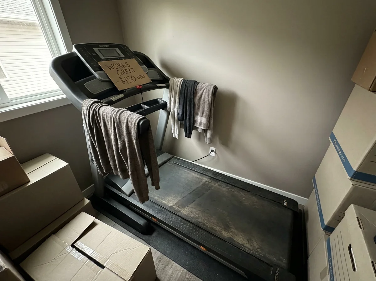 A treadmill with a '$150 OBO' sign on it is being used as a laundry rack in a room filled with moving boxes.