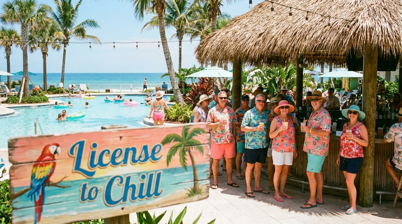 A tropical-themed pool area with a tiki bar and palm trees at a Margaritaville-themed community.