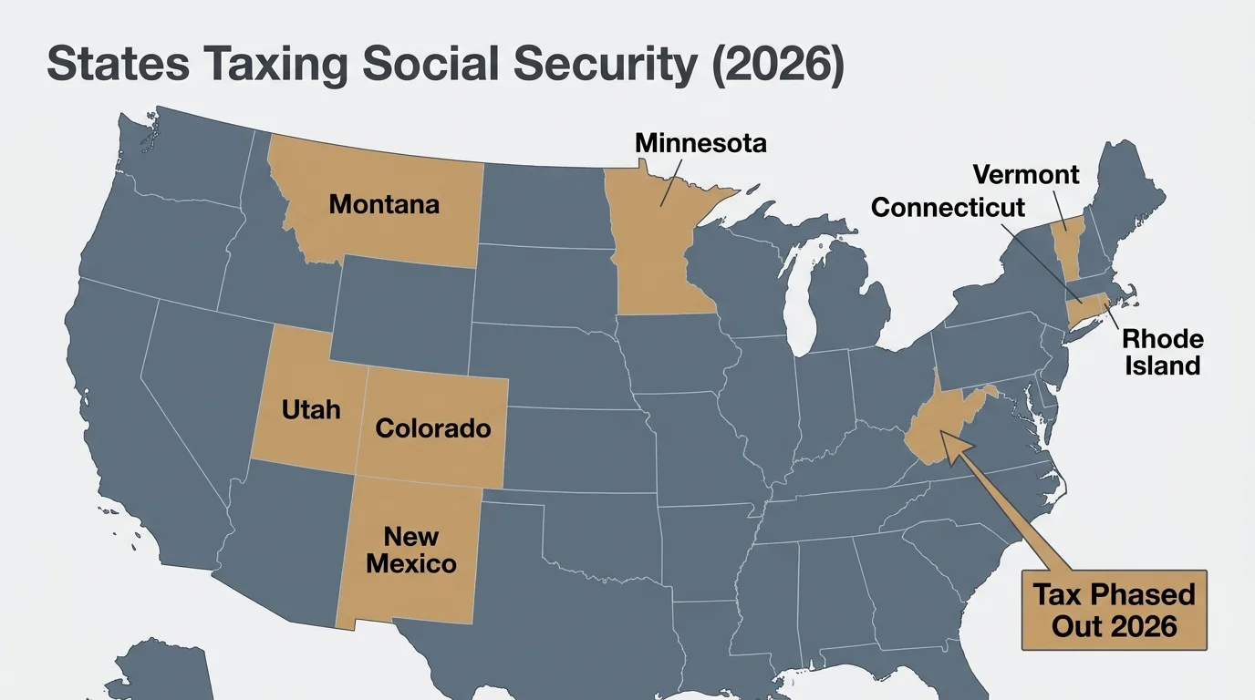 A US map highlighting the eight states that still tax Social Security benefits in the year 2026.