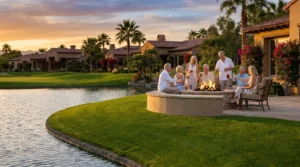 A vibrant sunset scene at a luxury retirement community showing seniors socializing near a lake and golf course.